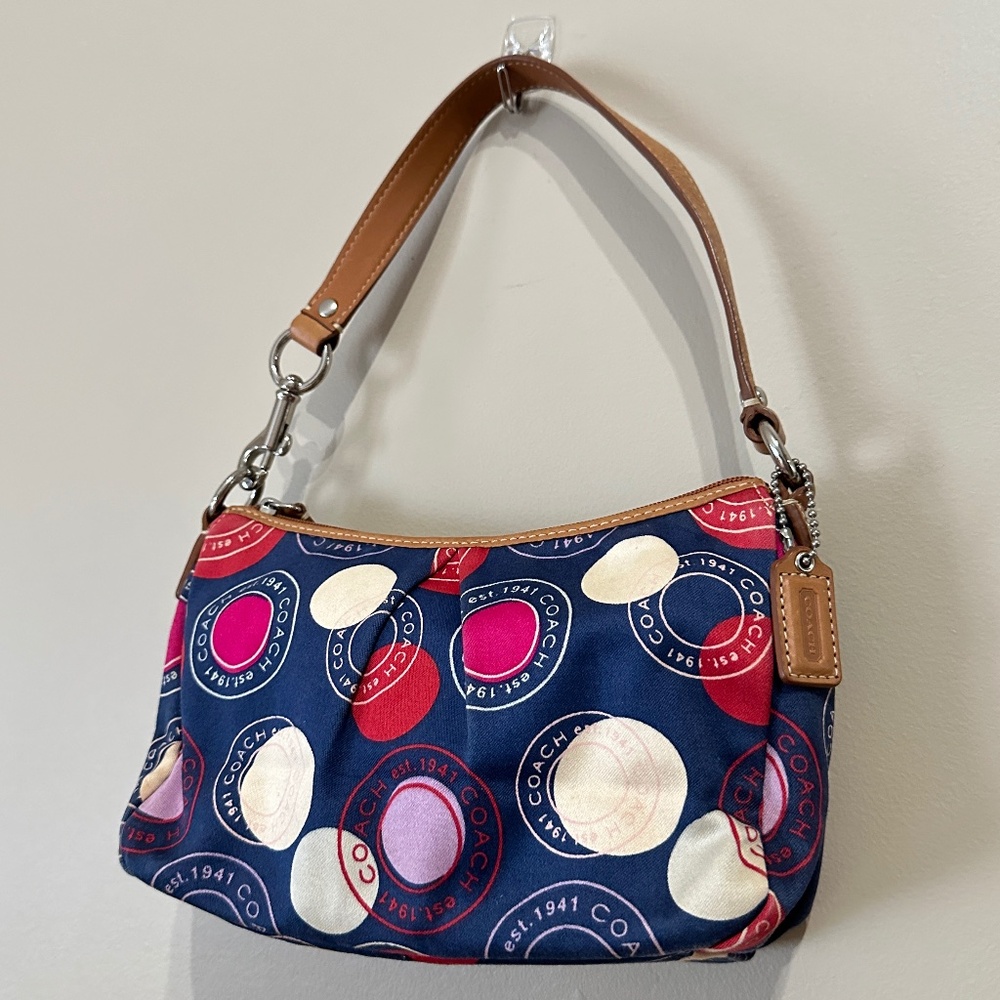 Coach Hamilton Multicolor Navy Blue Satin and Circles Hobo Handbag Shoulder Bag
